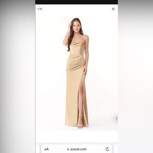 AZAZIE LEONIS Stretch Champagne Fitted Pleated Stretch Satin Dress